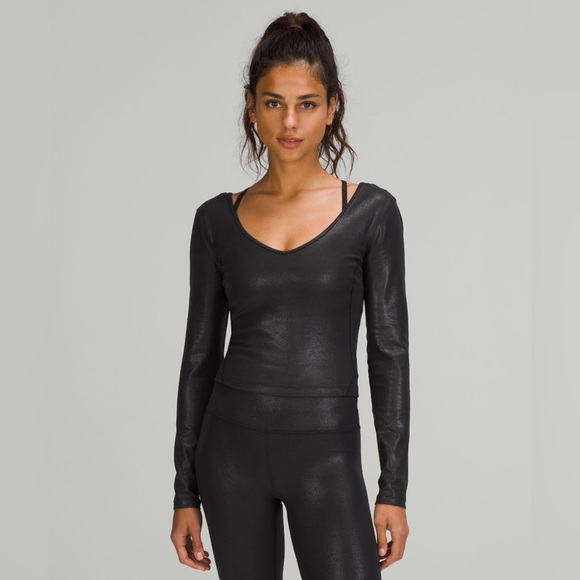 Lululemon Align Shiny Black V Neck Long Sleeve Crop Size 6 - Picture 1 of 9